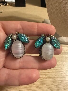 Iridescent Teardrop and White Cabochon Statement Earrings - Women Jewelry